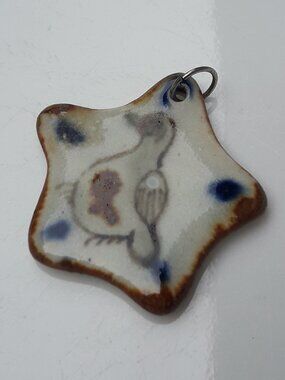 Vintage Pendant Bird Art Glazed Pottery Clay Tiny Star Hand Made